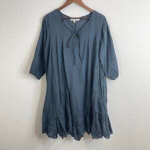 JP & Mattie Blue Cotton Boho Swing Dress Medium V-Neck Tie Front 3/4 Sleeve